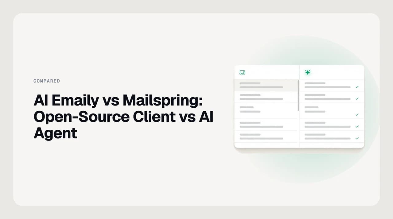 AI Emaily vs Mailspring compared side by side — an approval-first AI email agent next to Mailspring's free, open-source, native inbox for Mac, Windows and Linux