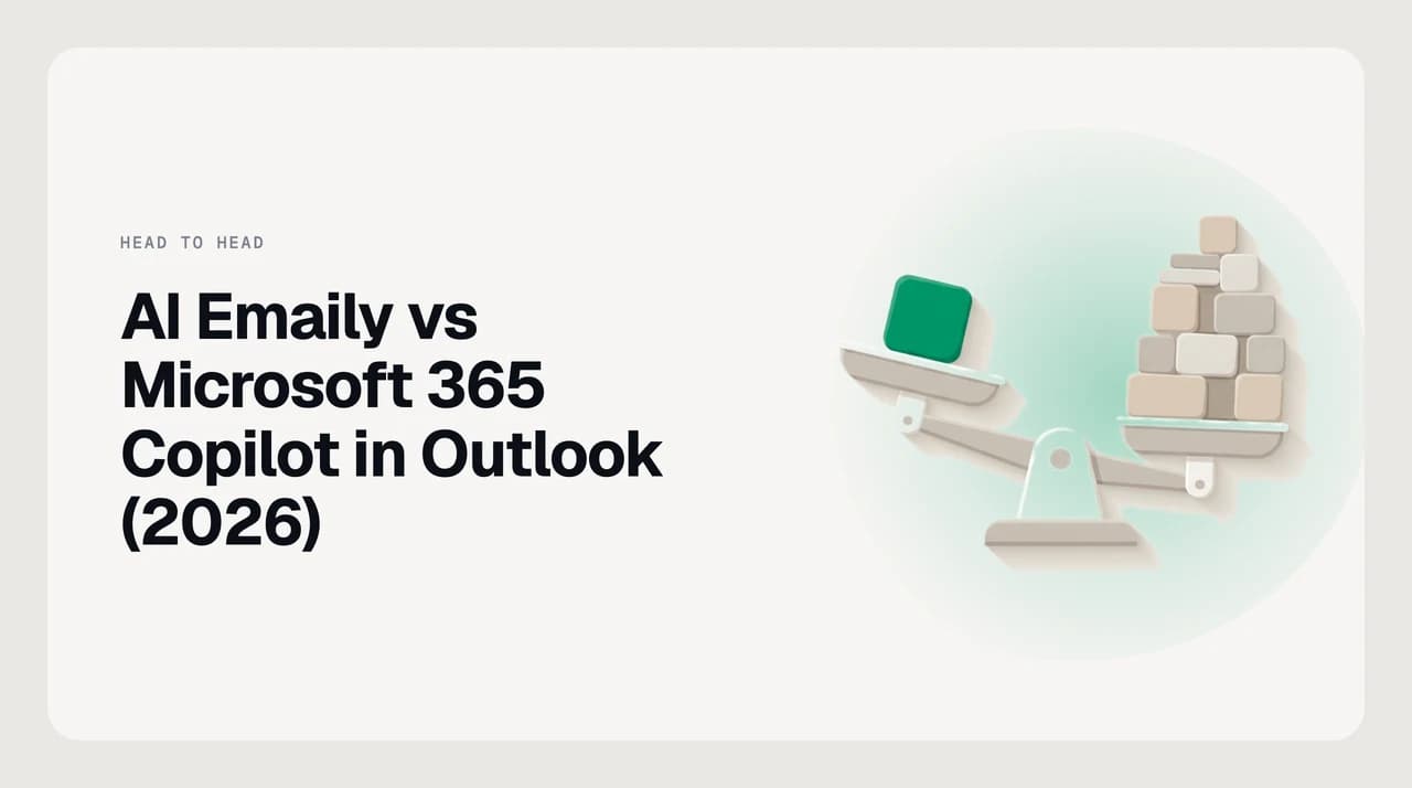 AI Emaily vs Microsoft 365 Copilot for Outlook — one panel showing a single Outlook mailbox with an assistant answering on request, the other showing an agent working a queue of Gmail, Outlook and IMAP threads continuously, the second outlined in green