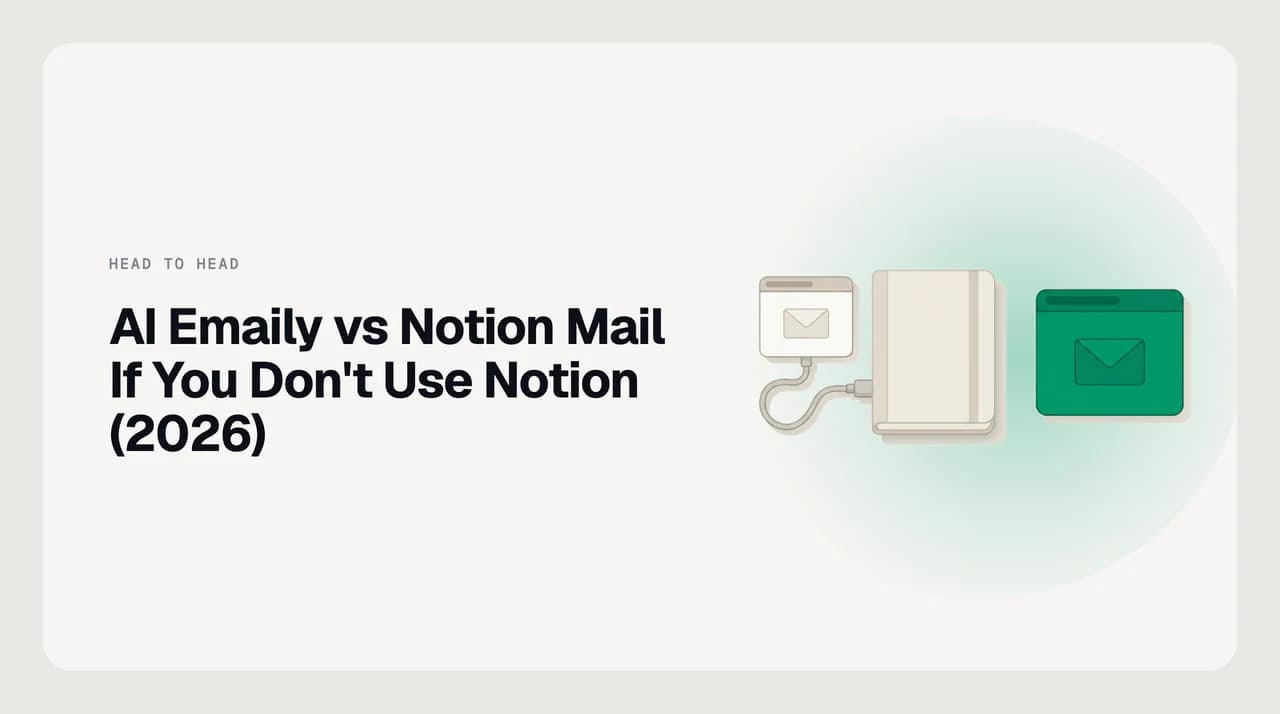 AI Emaily vs Notion Mail for non-Notion users — two email client panels side by side, one marked as retiring in September 2026