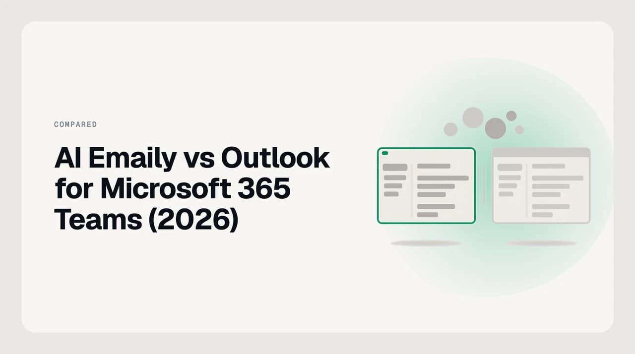 Diagram comparing AI Emaily and Outlook for Microsoft 365 teams across admin consent, shared mailboxes, and retention policy