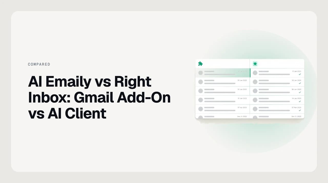 Split illustration contrasting Right Inbox, a Gmail browser extension confined to one tab, with AI Emaily, a standalone AI email client spanning web, desktop and mobile.