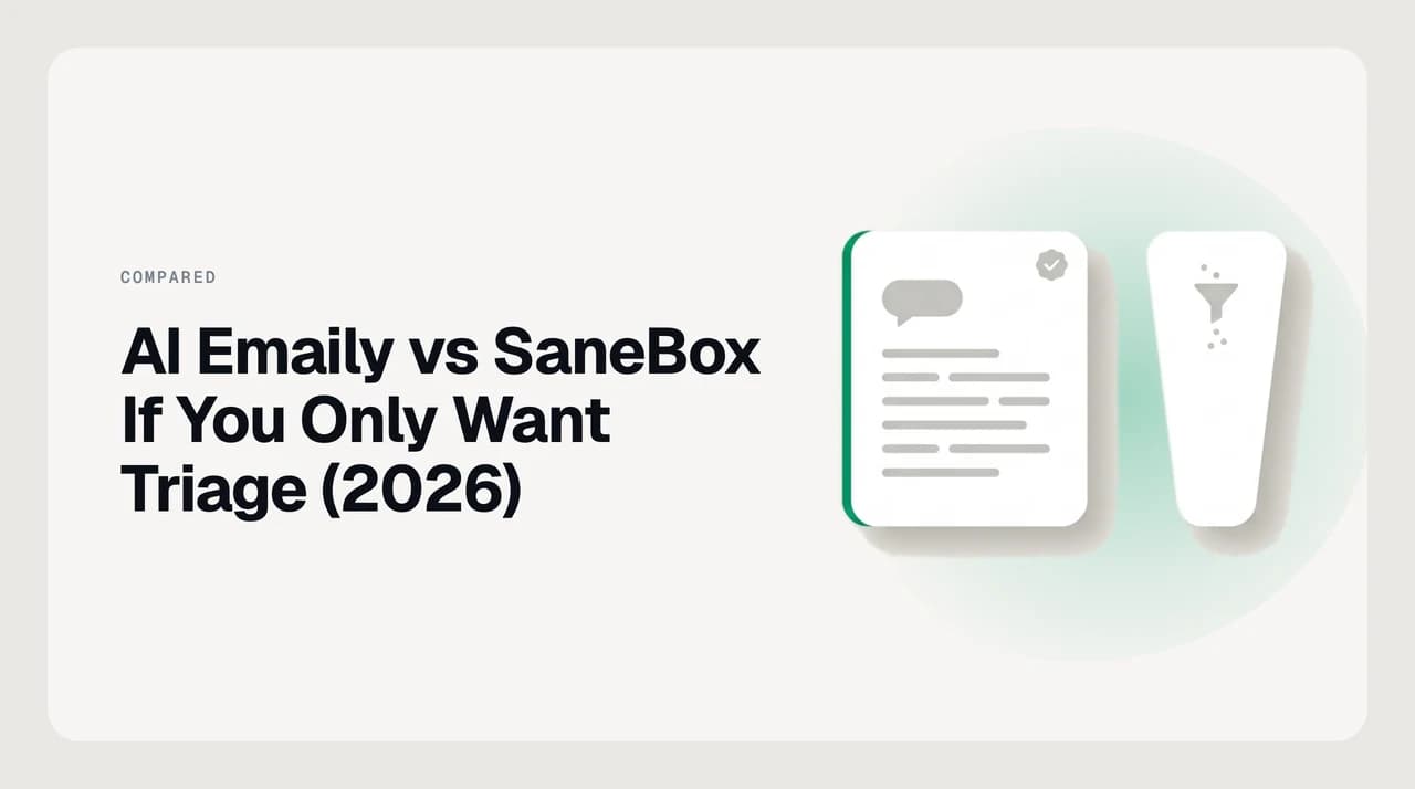 Split illustration comparing SaneBox's server-side email filtering with AI Emaily's full AI email client for triage, drafting and follow-up