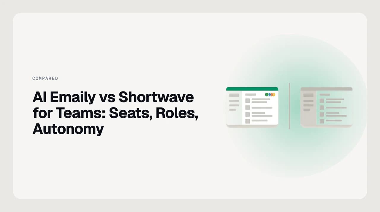 Split illustration comparing AI Emaily's cross-provider team inbox with an approval workflow against Shortwave's Gmail-only live thread collaboration, for teams choosing an AI email tool.