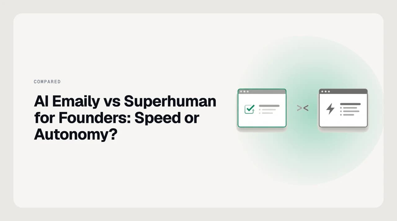 Split illustration comparing AI Emaily's autonomous inbox agent to Superhuman's keyboard-first speed for startup founders
