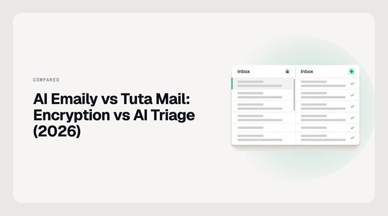 AI Emaily vs Tuta Mail comparison illustration: an AI-native email assistant on one side and a zero-knowledge encrypted mailbox on the other