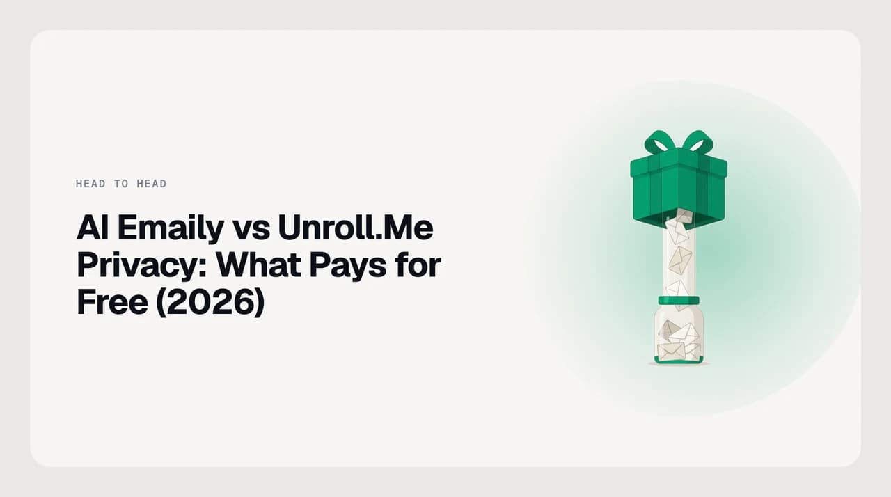 AI Emaily vs Unroll.Me privacy comparison — a paid AI email client funded by subscriptions on one side, a free unsubscribe and rollup utility funded by market research on the other