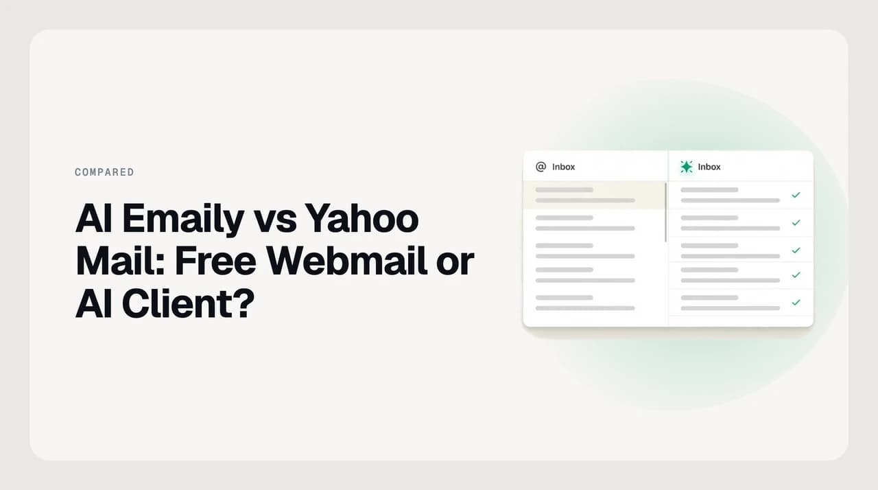 Illustration comparing Yahoo Mail's free webmail inbox with an AI Emaily inbox connected to the same Yahoo account over IMAP