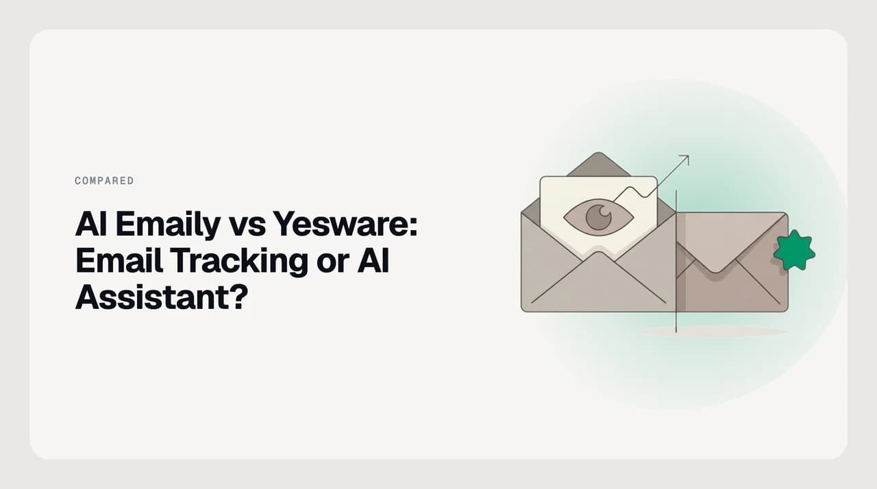 AI Emaily vs Yesware for email tracking, shown side by side: an outbound open-and-click tracker versus an AI email assistant that triages and drafts inbound replies.