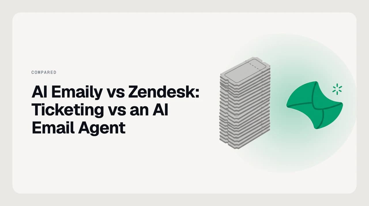 AI Emaily vs Zendesk for email support — an inbox-native AI email agent on one side and a ticketing helpdesk queue on the other