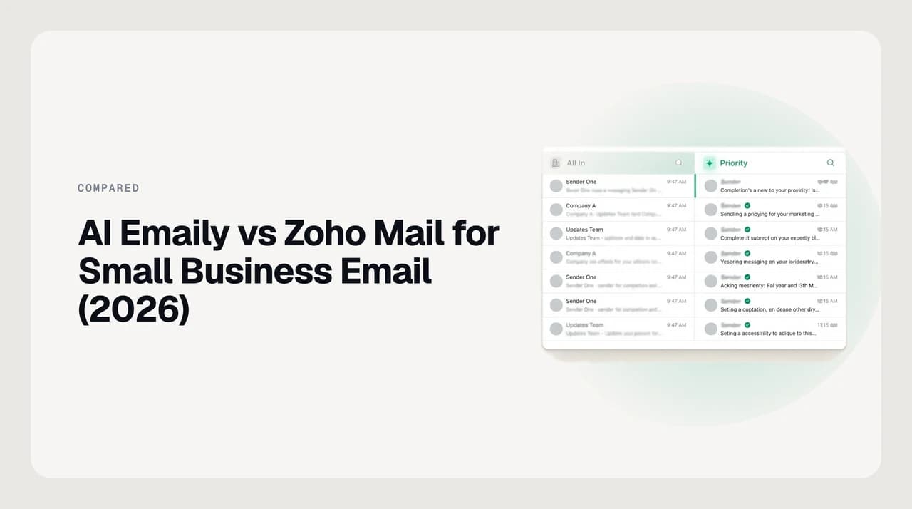Illustration comparing AI Emaily's agent layer against Zoho Mail's hosted business mailbox, showing one connecting on top of the other over IMAP