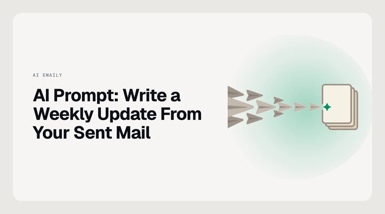 Illustration of a weekly status update being generated from a list of sent emails using an AI prompt, with sections for shipped, in-flight, and blocked work
