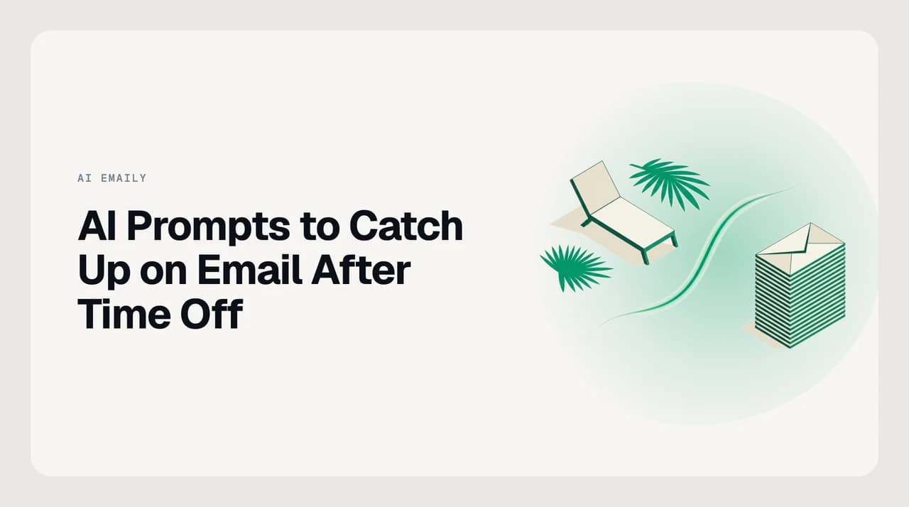 AI Emaily blog — a four-prompt sequence laid out against an overflowing inbox, illustrating how AI prompts triage email after a vacation