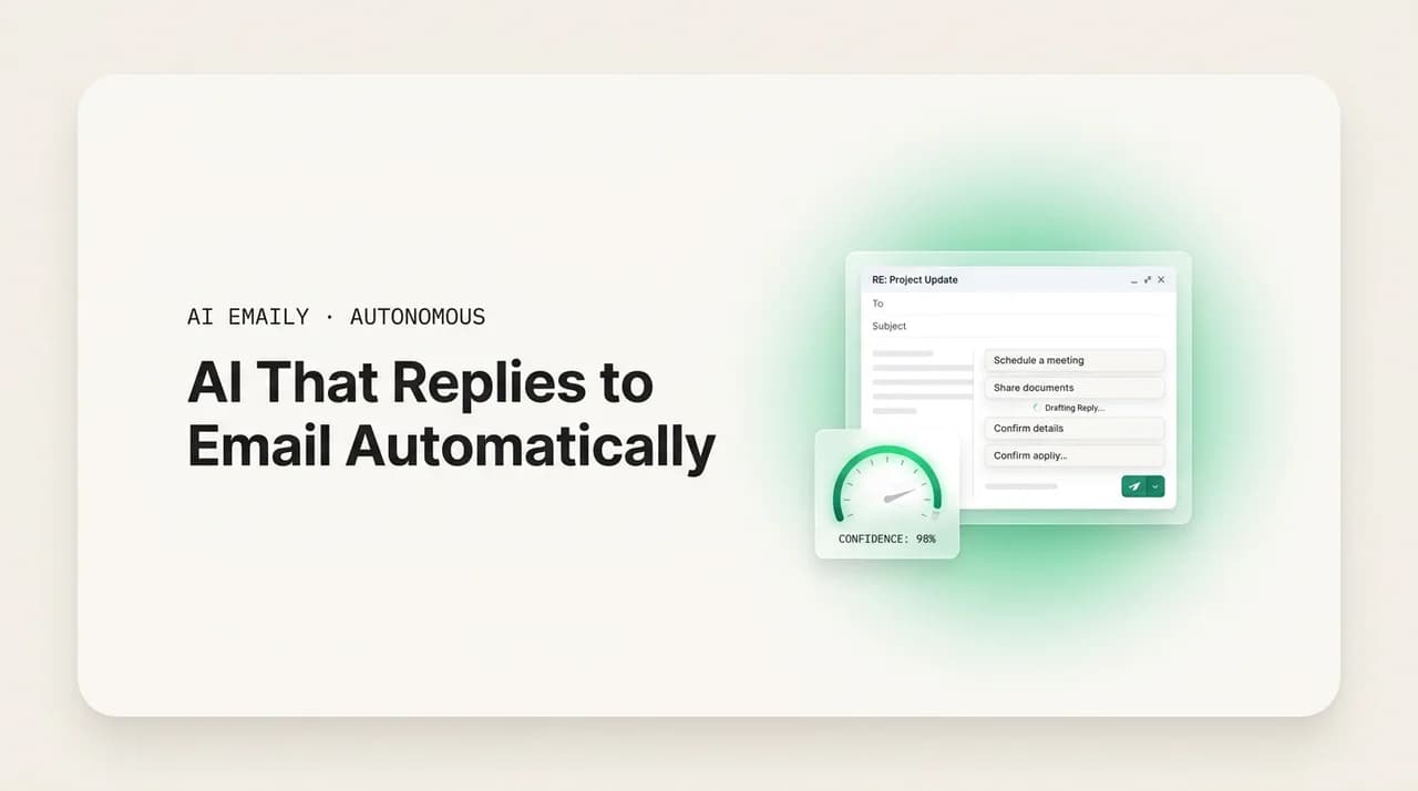 AI Emaily blog cover for AI that replies to email automatically, showing an auto-reply agent with a confidence gauge