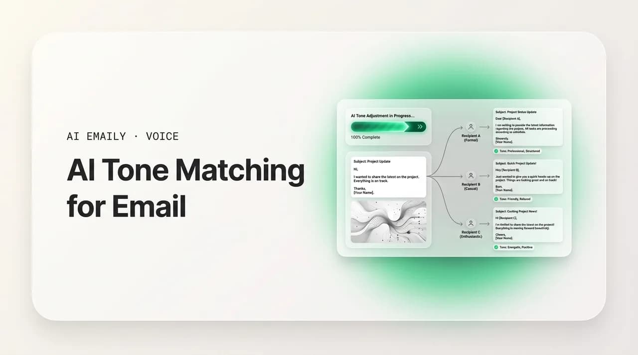 AI Emaily blog cover for AI tone matching email, showing an AI adapting email tone per recipient