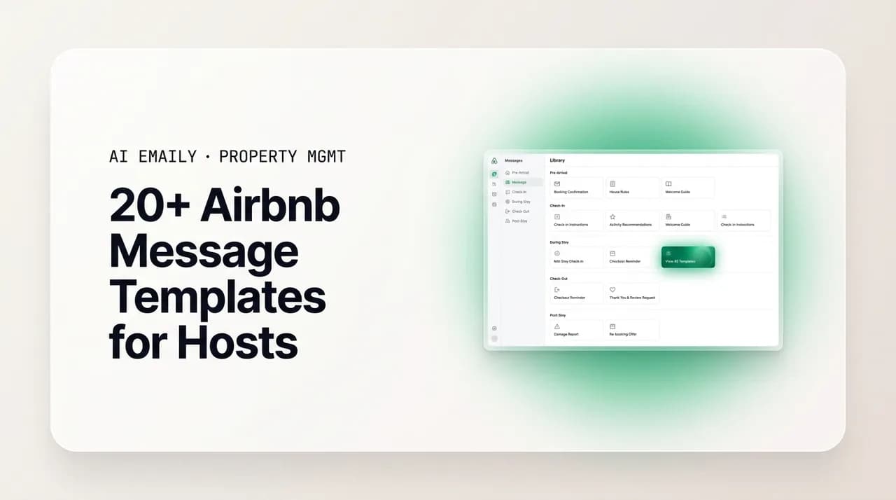 AI Emaily blog cover for Airbnb message templates for hosts, showing a library of guest message templates