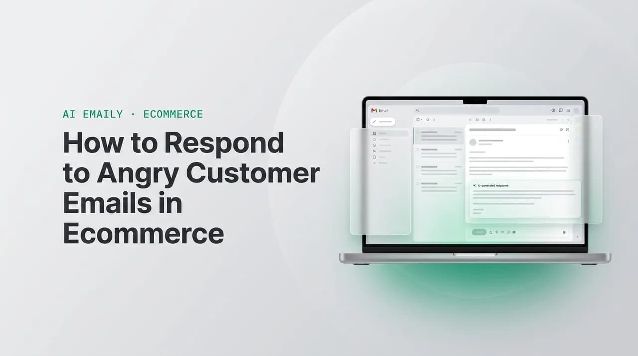 AI Emaily blog cover for how to respond to angry customer email ecommerce, showing an AI email client on a laptop with the headline How to Respond to Angry Customer Emails in Ecommerce