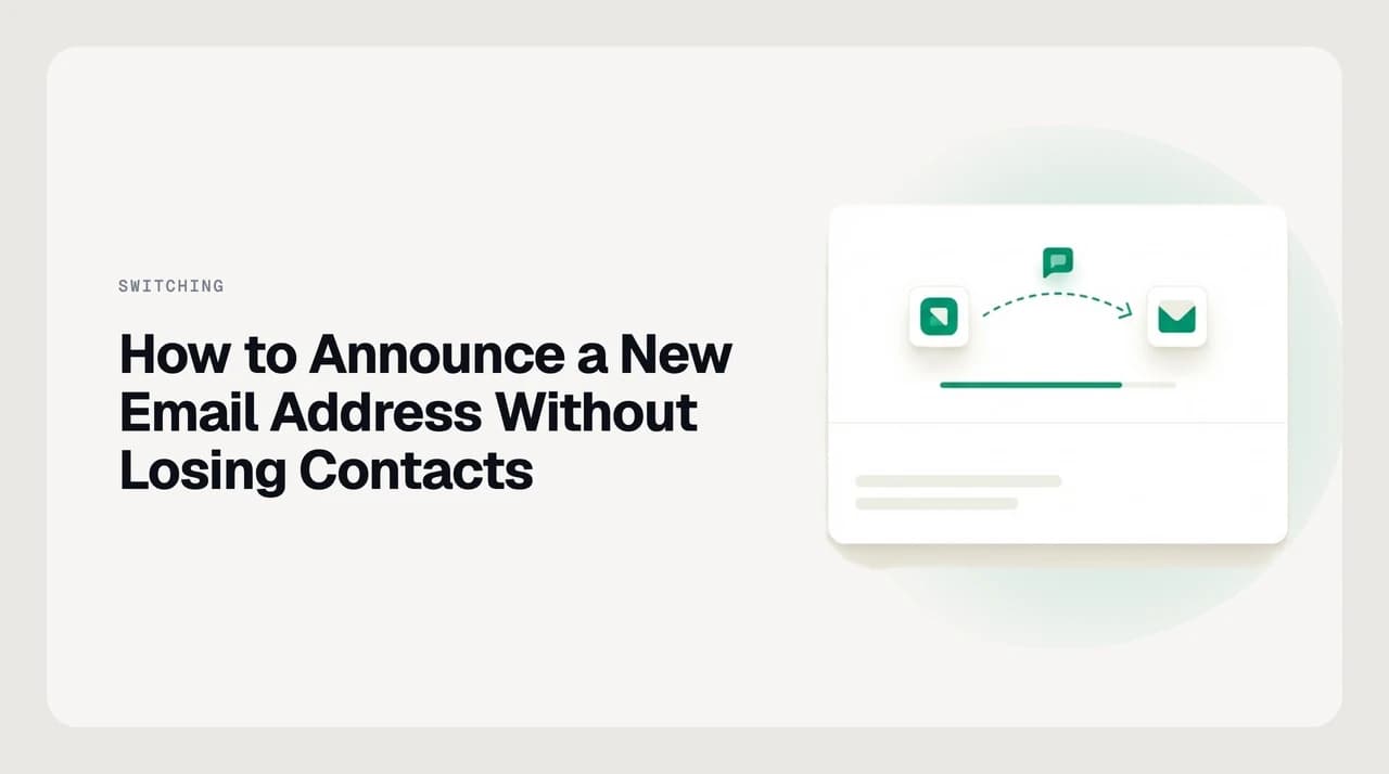 Illustration of an email announcement moving from an old address to a new one during a mailbox switch.