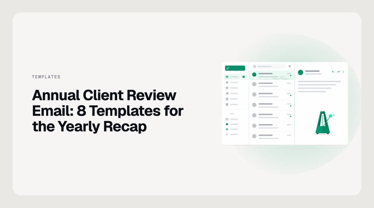 A calendar year splitting into quarterly result blocks that funnel into a single annual client review email