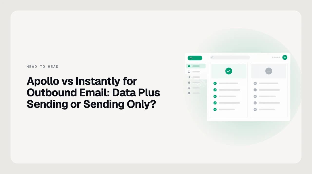 Abstract illustration comparing Apollo and Instantly for outbound email: a contact database feeding a sequence engine on one side, a bank of sending mailboxes on the other