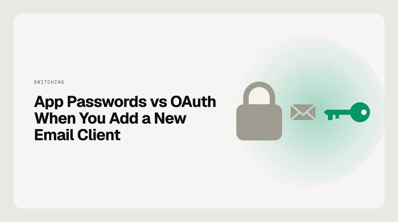 Diagram comparing OAuth sign-in and app-password login when adding a new email client to Gmail, Outlook and iCloud accounts