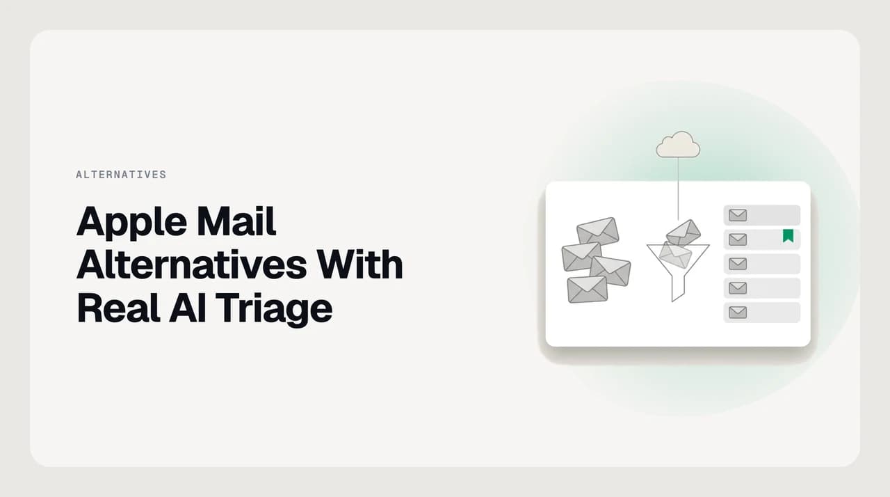 Comparison chart of Apple Mail alternatives with AI triage, showing which ones support an iCloud Mail account