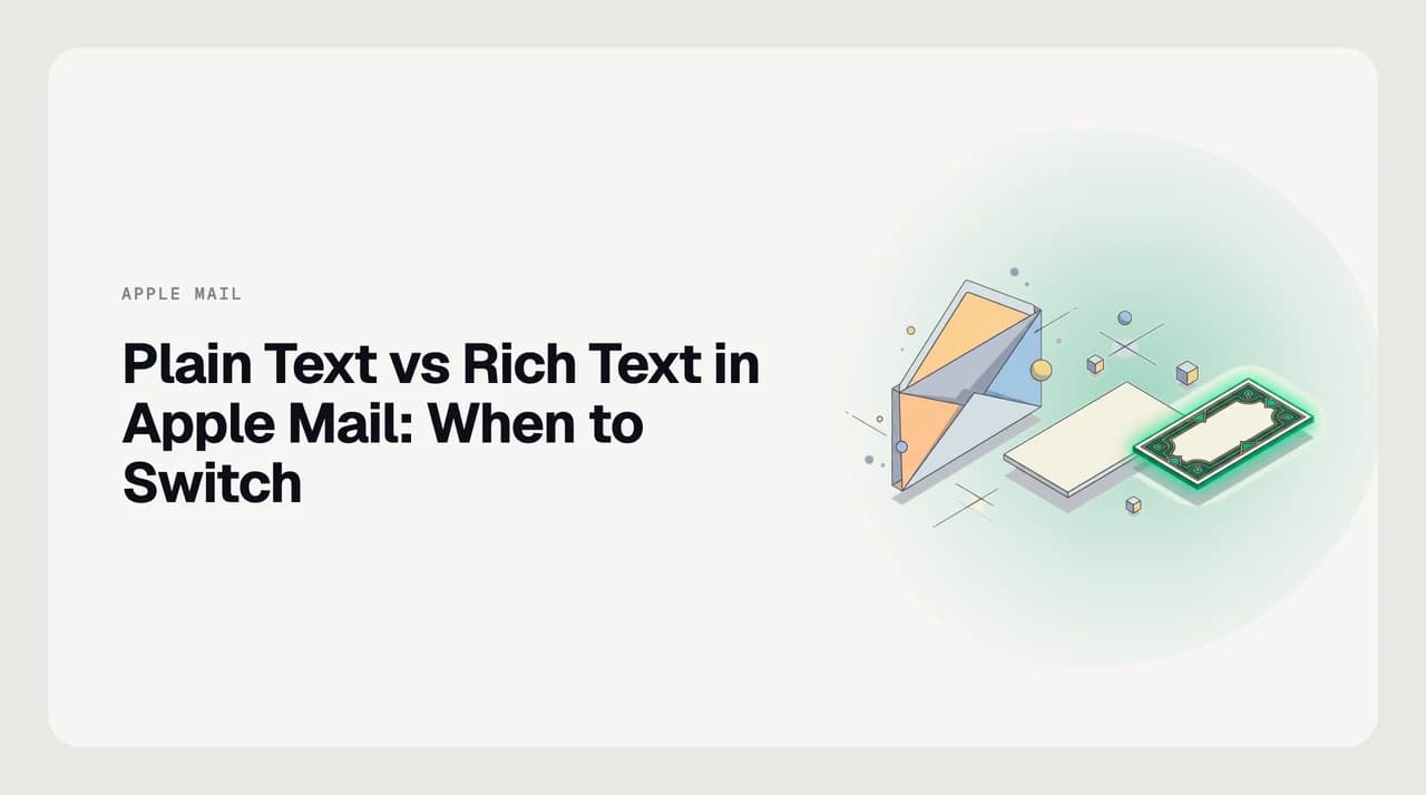 Two Apple Mail compose windows on macOS side by side — a plain text draft on the left with a monospaced signature and no styling, a rich text draft on the right with a logo, coloured header and formatted quote — illustrating how to send plain text emails in Apple Mail and when to switch