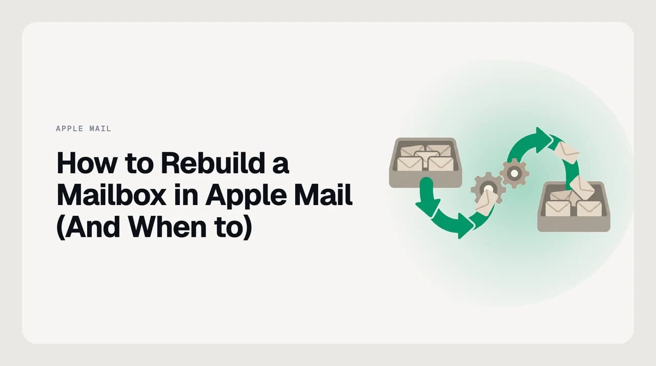 Illustration showing the Apple Mail rebuild mailbox process — a local message cache being cleared and re-downloaded from a mail server