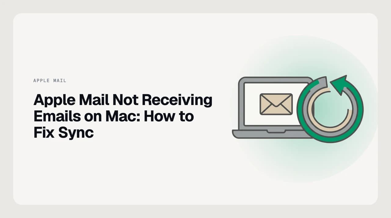 Illustration of Apple Mail on Mac failing to sync new messages, with a red exclamation mark on an account and a Connection Doctor panel showing a failed IMAP route