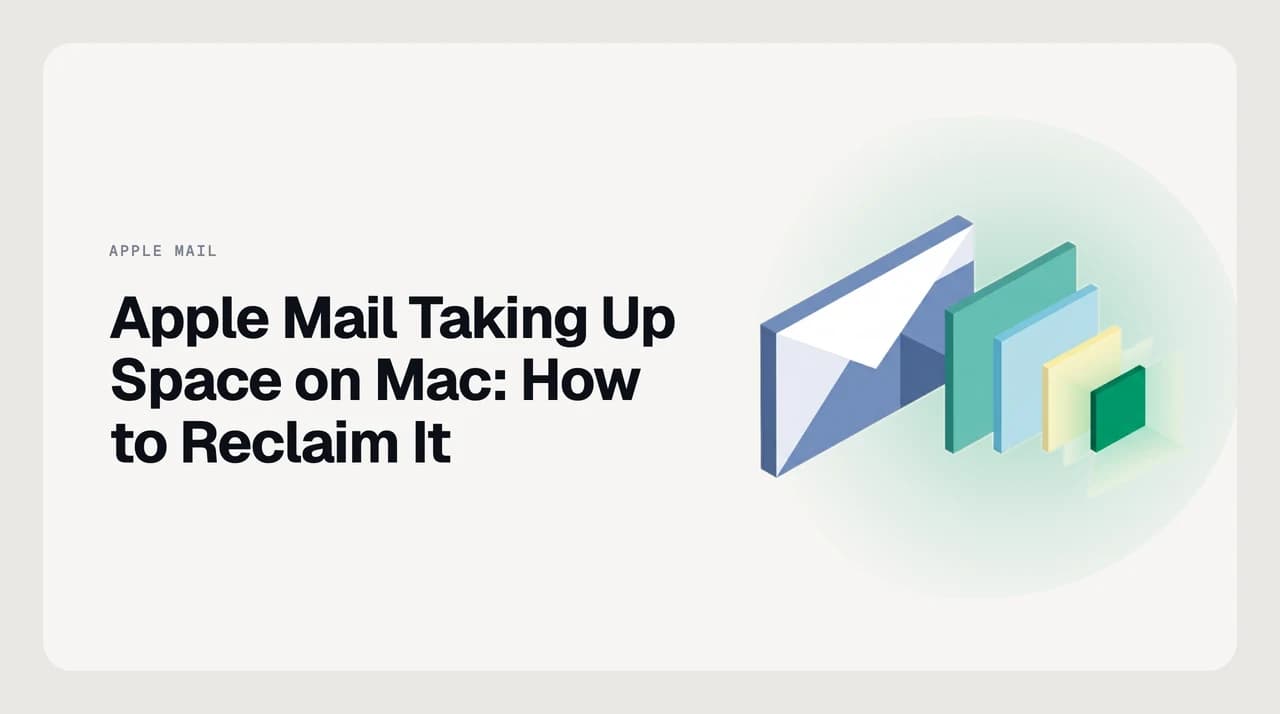 Illustration showing Apple Mail storage growing on a Mac — cached message bodies, downloaded attachments, and an orphaned Mail Downloads folder all contributing to disk usage