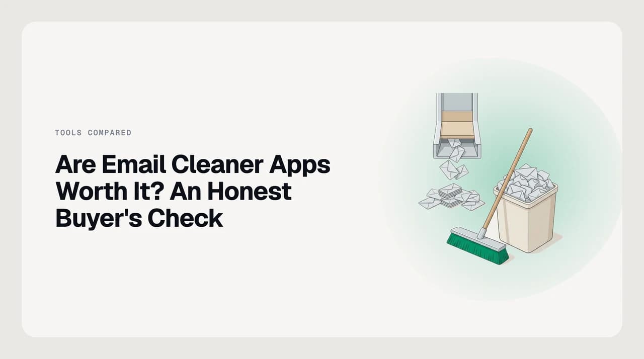 An overflowing email inbox next to a smaller, sorted one, illustrating whether email cleaner apps are worth the subscription