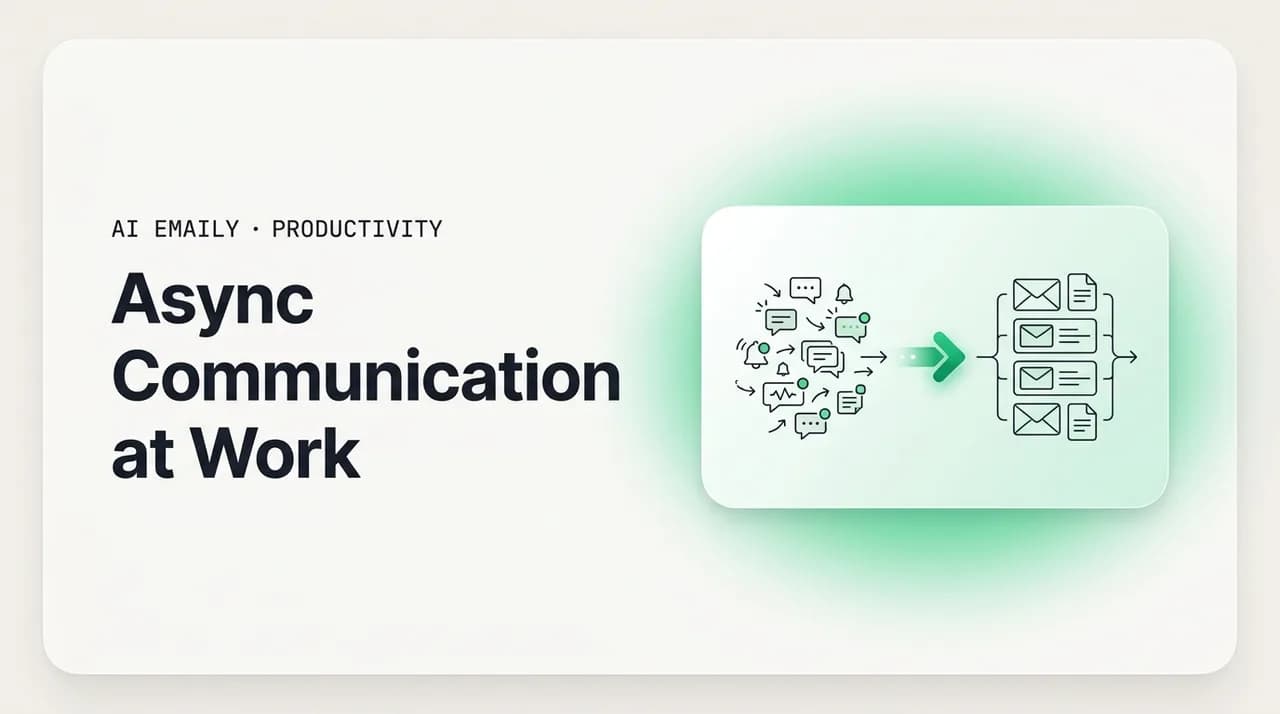 AI Emaily blog cover for async communication at work, showing a team moving from real-time to async