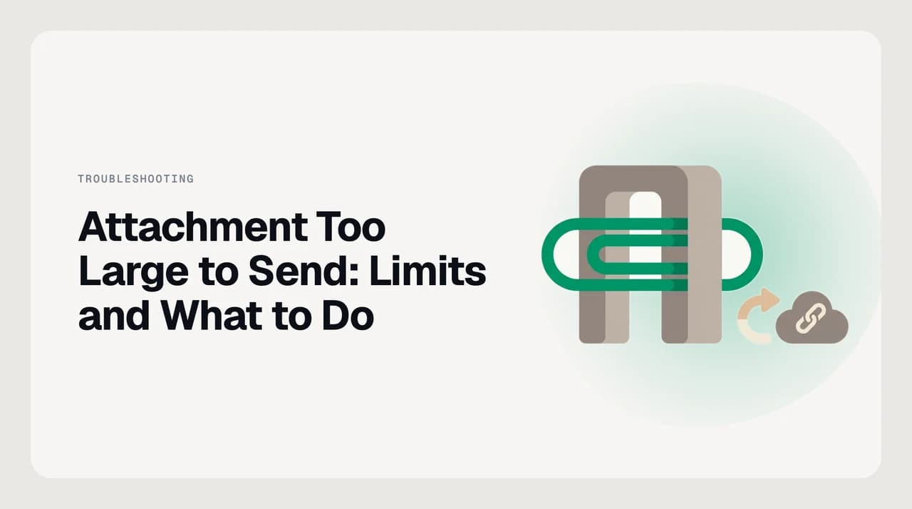 Illustration of an oversized email attachment blocked at a server size-limit checkpoint, with the file icon larger than the allowed threshold