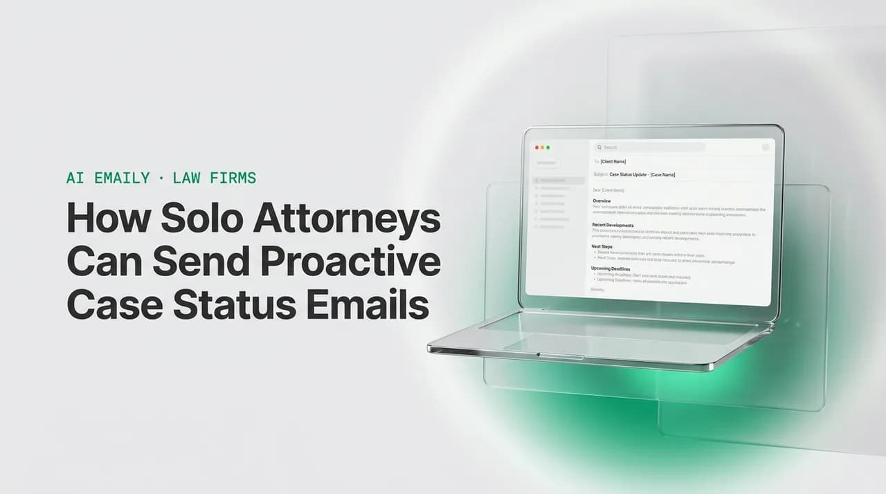 AI Emaily blog cover for attorney client status update email, showing an AI email client on a laptop with the headline How Solo Attorneys Can Send Proactive Case Status Emails