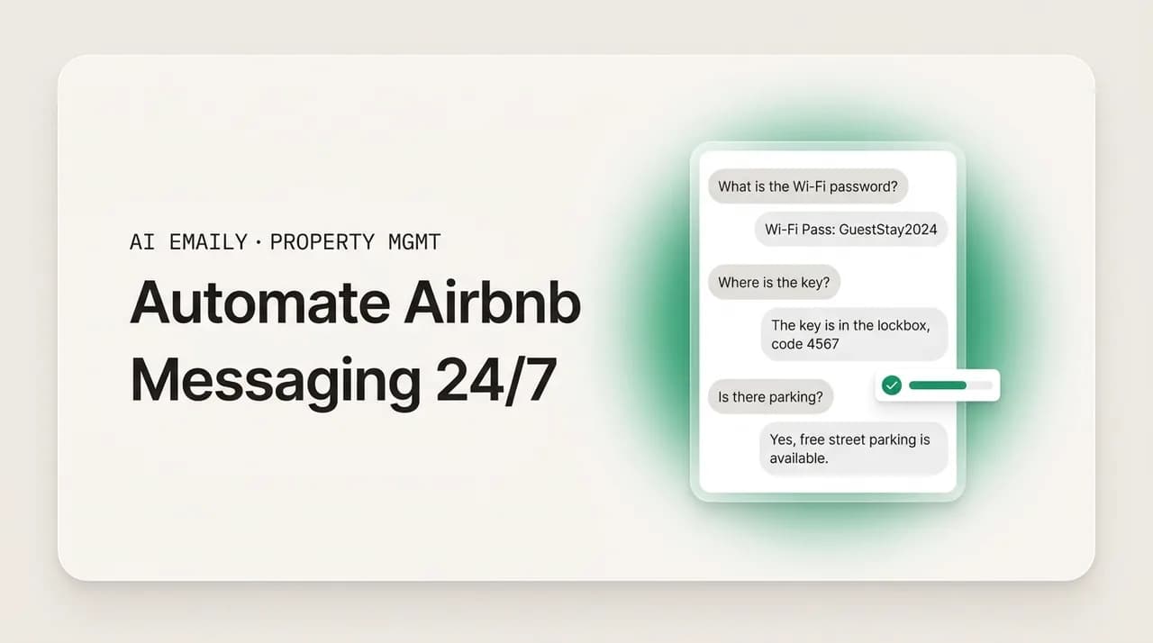 AI Emaily blog cover for automating Airbnb guest messaging 24/7, showing check-in questions answered around the clock