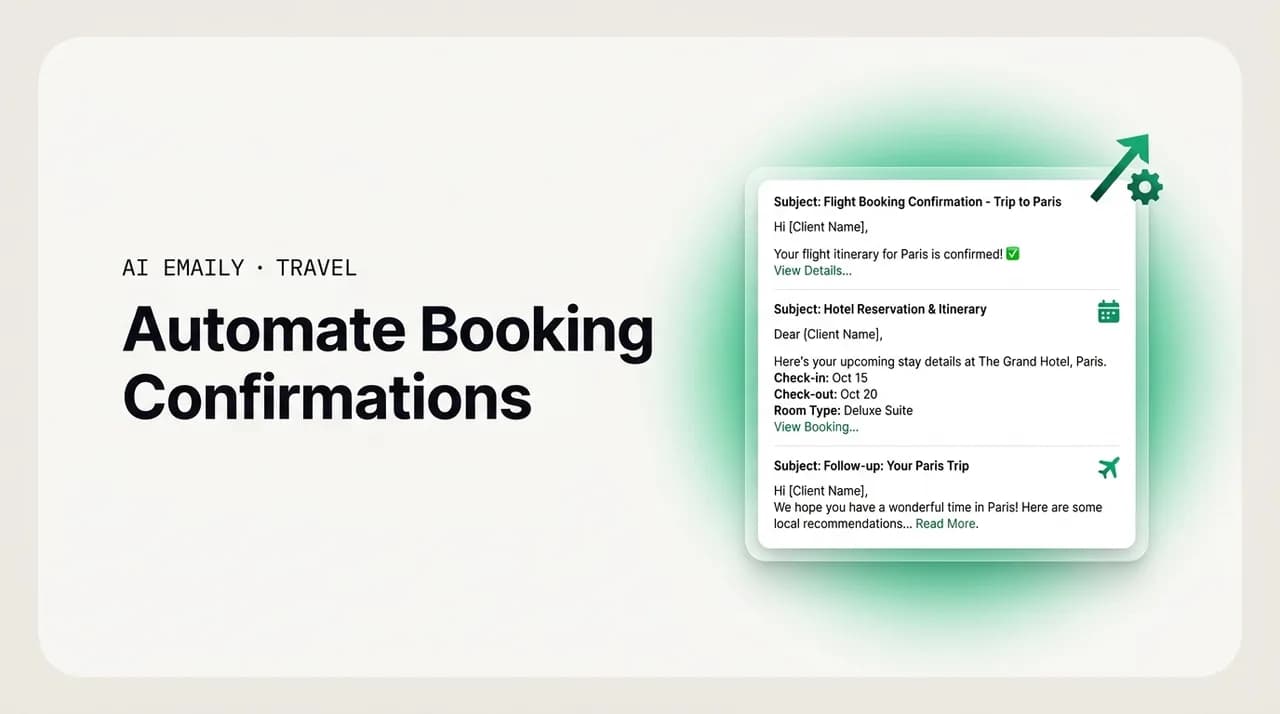 AI Emaily blog cover for automating booking confirmations for travel advisors, showing automated confirmations