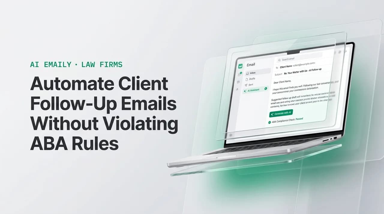 AI Emaily blog cover for automate client follow-up emails law firm, showing an AI email client on a laptop with the headline Automate Client Follow-Up Emails Without Violating ABA Rules