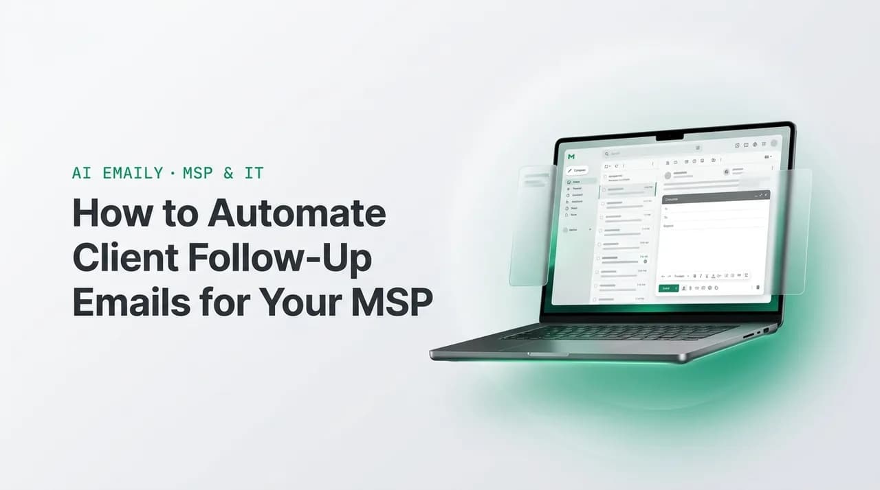 AI Emaily blog cover for automate client follow-up emails MSP, showing an AI email client on a laptop with the headline How to Automate Client Follow-Up Emails for Your MSP