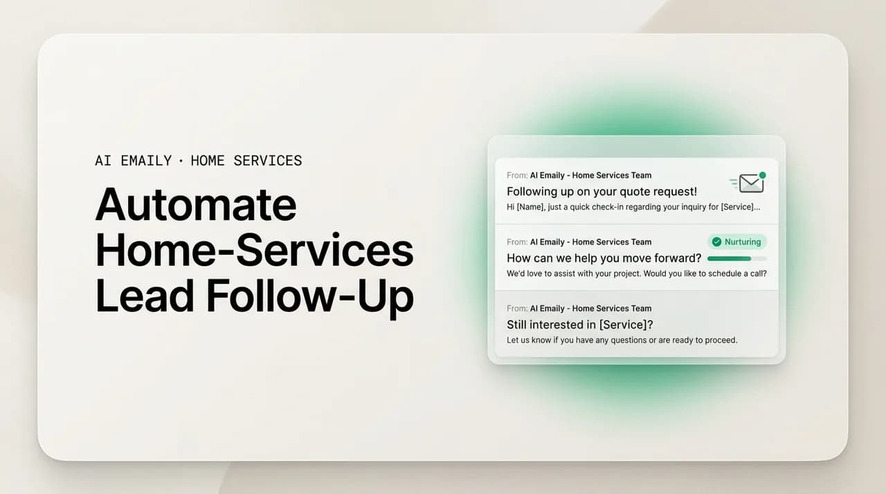 AI Emaily blog cover for automating home-services lead follow-up, showing scheduled follow-ups to leads