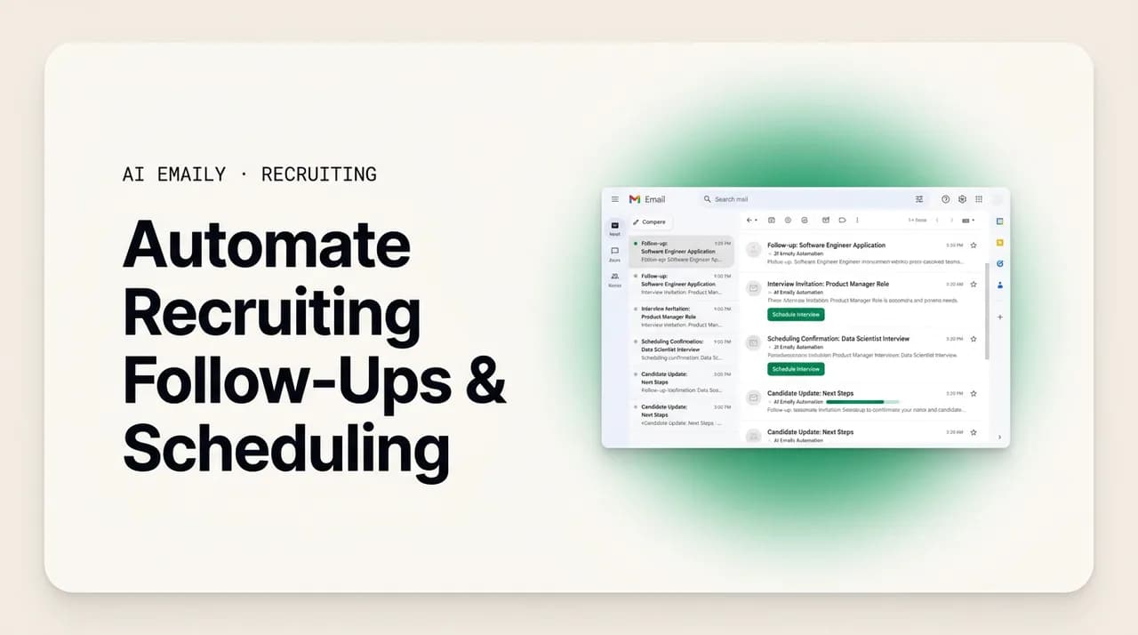 AI Emaily blog cover for automating recruiting follow-ups and interview scheduling, showing automated scheduling emails