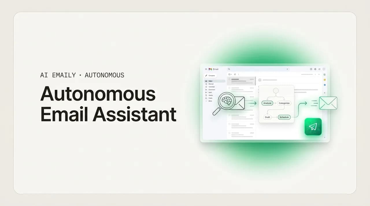 AI Emaily blog cover for autonomous email assistant, showing an AI reading, deciding, and acting on an inbox