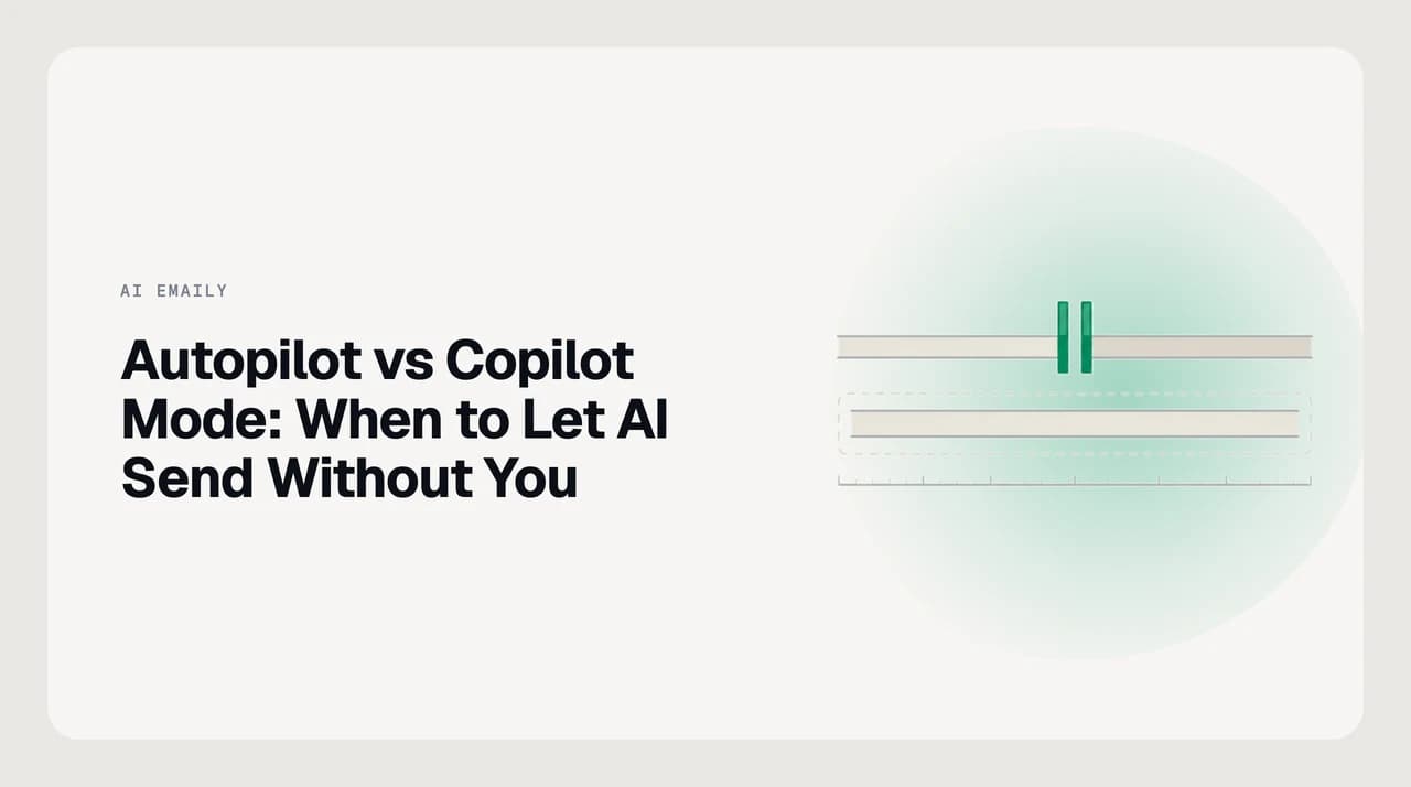 Autopilot vs Copilot email mode compared — a two-column diagram showing an approval gate on the Copilot side and a guardrail bracket on the Autopilot side, with an audit log running underneath both