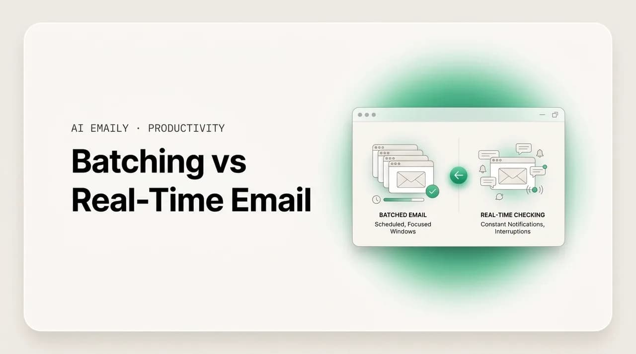 AI Emaily blog cover for batching vs real-time email, showing batched windows versus real-time checking