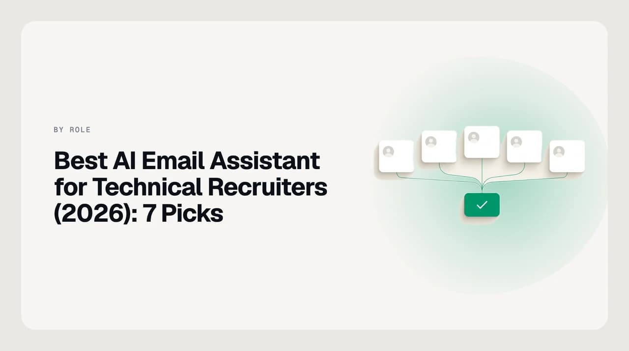 Best AI email assistant for technical recruiters — seven ranked inbox options shown as stacked cards beside a multi-stage candidate pipeline