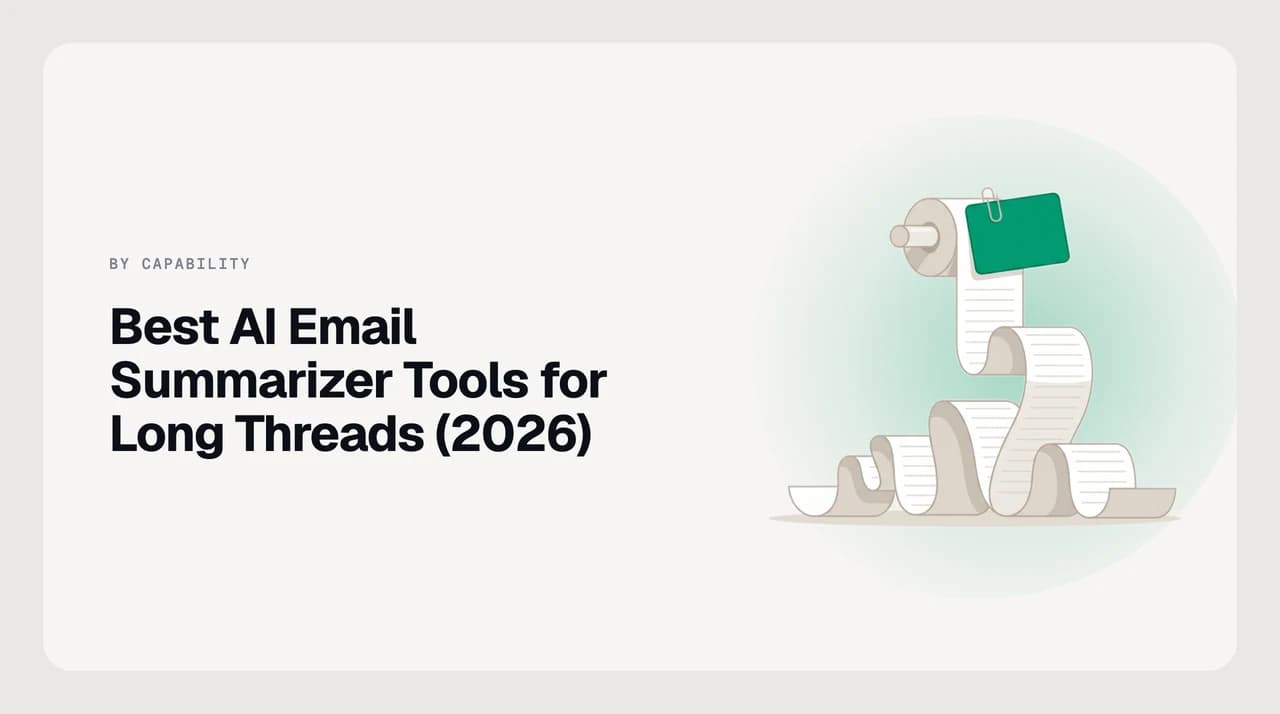 Best AI email summarizer for long threads — forty stacked message bars compressing into a short summary block, with three lines highlighted in green as the decisions that have to survive the compression
