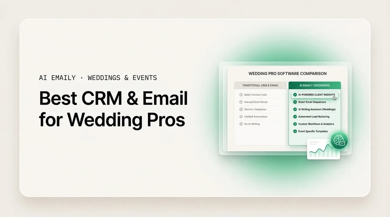 AI Emaily blog cover for best CRM and email software for wedding pros, showing a comparison of tools