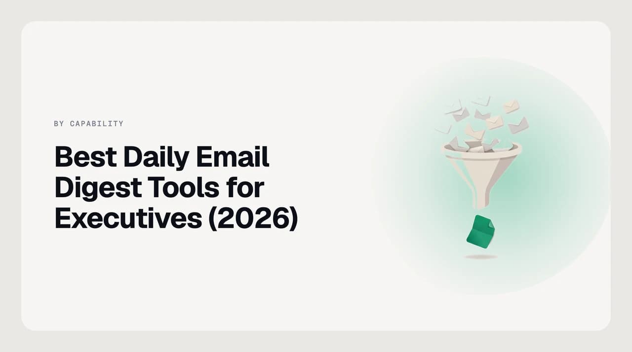 Five summarised email thread cards arranged as a morning brief on a single screen — best daily email digest tools for executives 2026