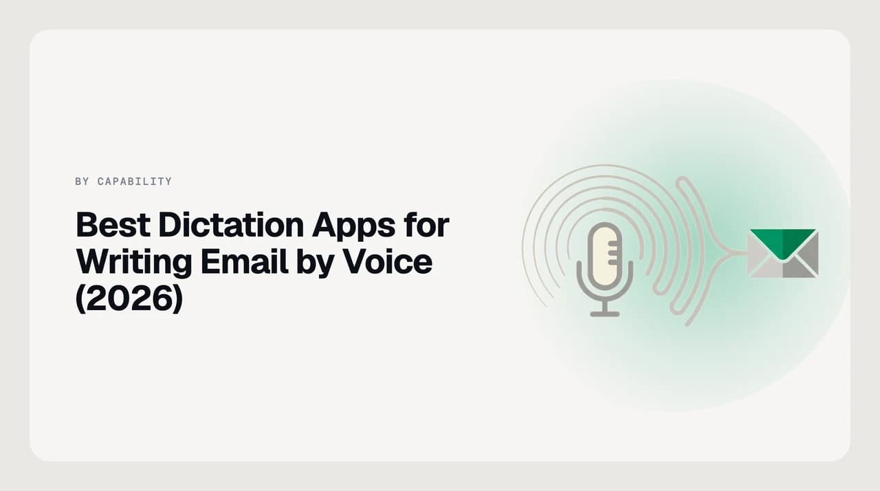 Cover for the best dictation apps for writing email by voice — split view of a raw transcript on one side and a structured email draft on the other