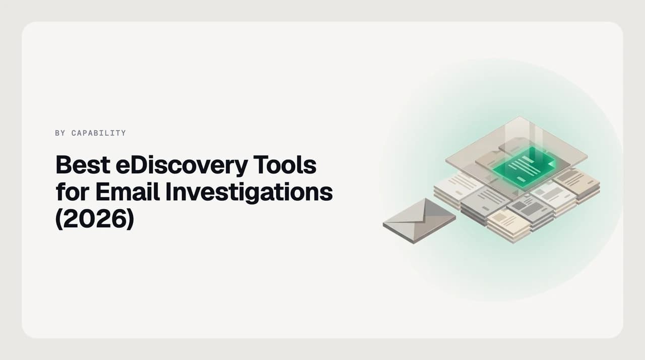 Illustration ranking the best eDiscovery tools for email investigations across legal hold, cross-custodian search, deduplication, threading and defensible export
