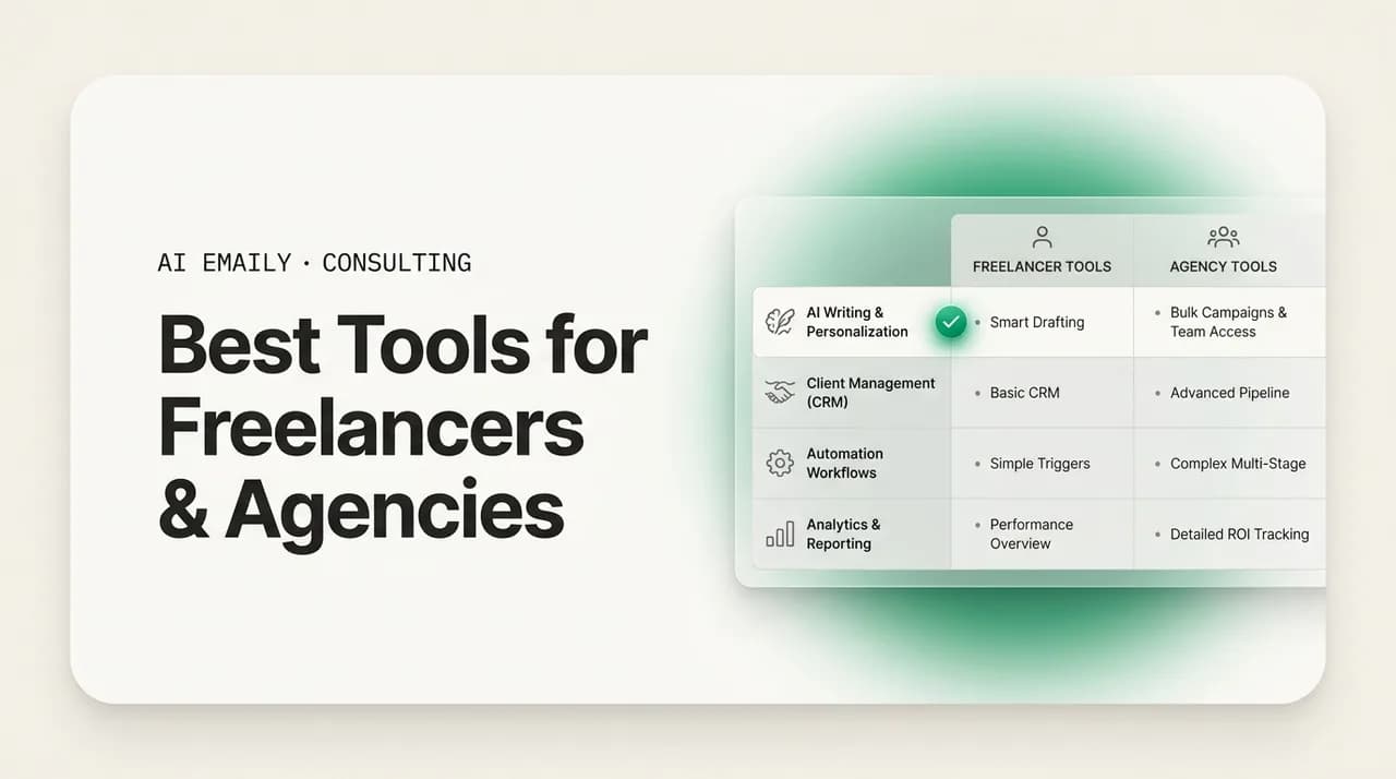AI Emaily blog cover for best email and client-management tools for freelancers and agencies, showing a comparison