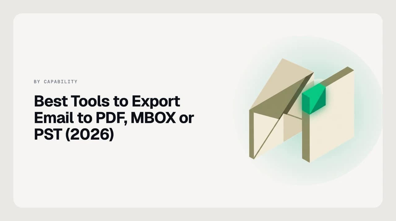 AI Emaily blog cover for the best tools to export email to PDF, MBOX or PST in 2026, showing one-off exporters for client files and legal requests